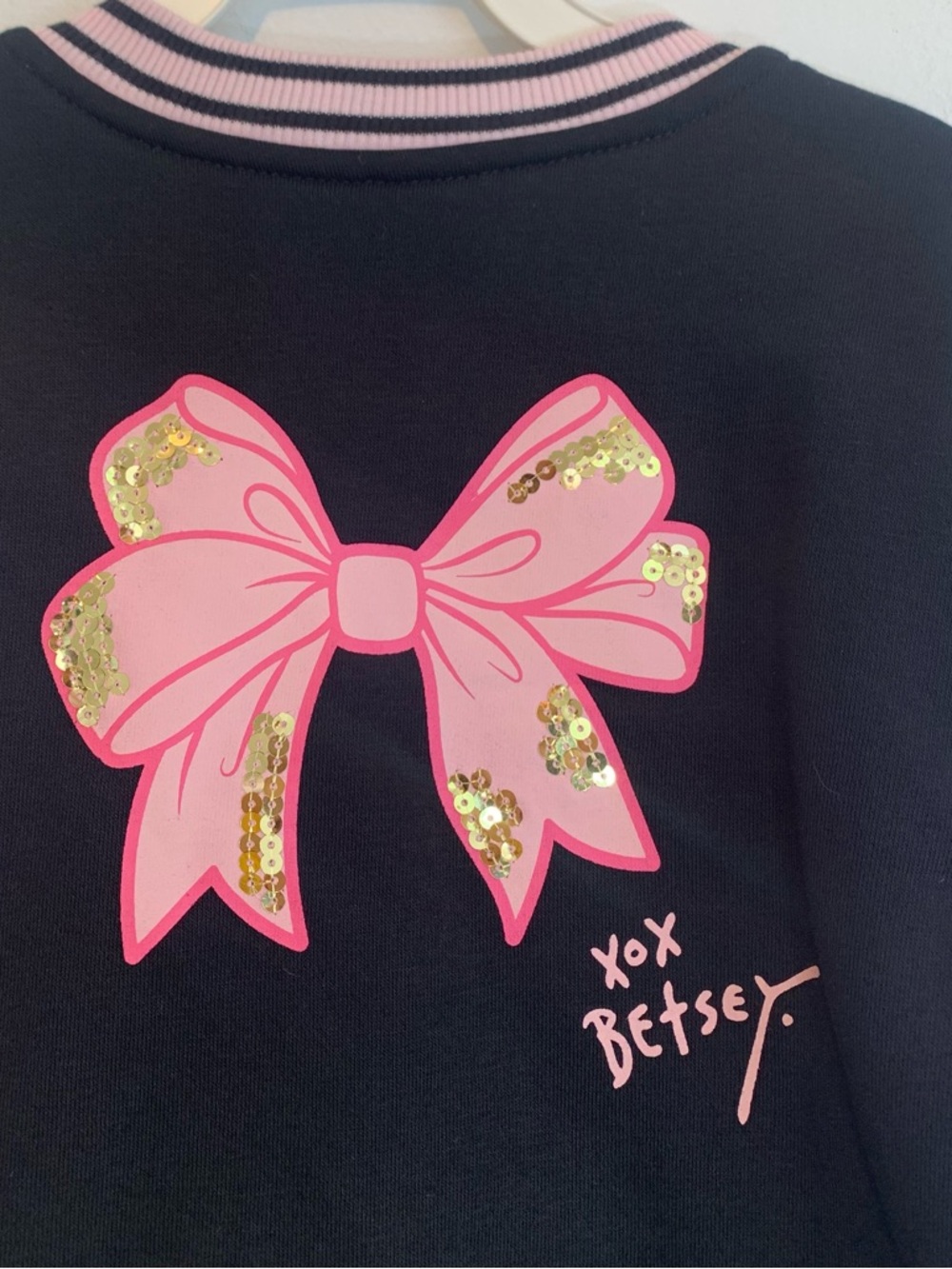 Betsey Johnson Ribbon Sequins Bomber Jacket Pink & Black Girl’s 6 - Picture 5 of 8